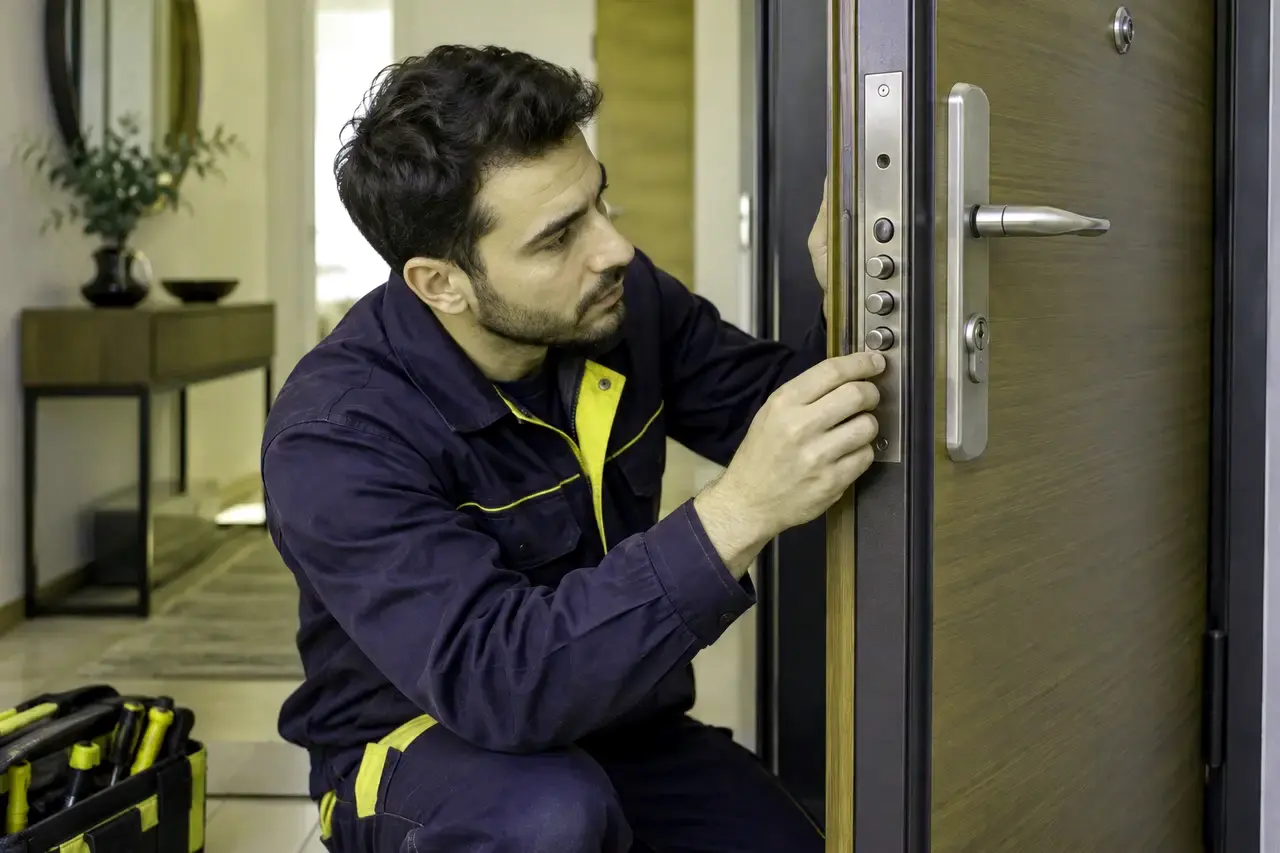 Daire kapısının kilit bölgesini inceleyen çilingirin temsili görseli