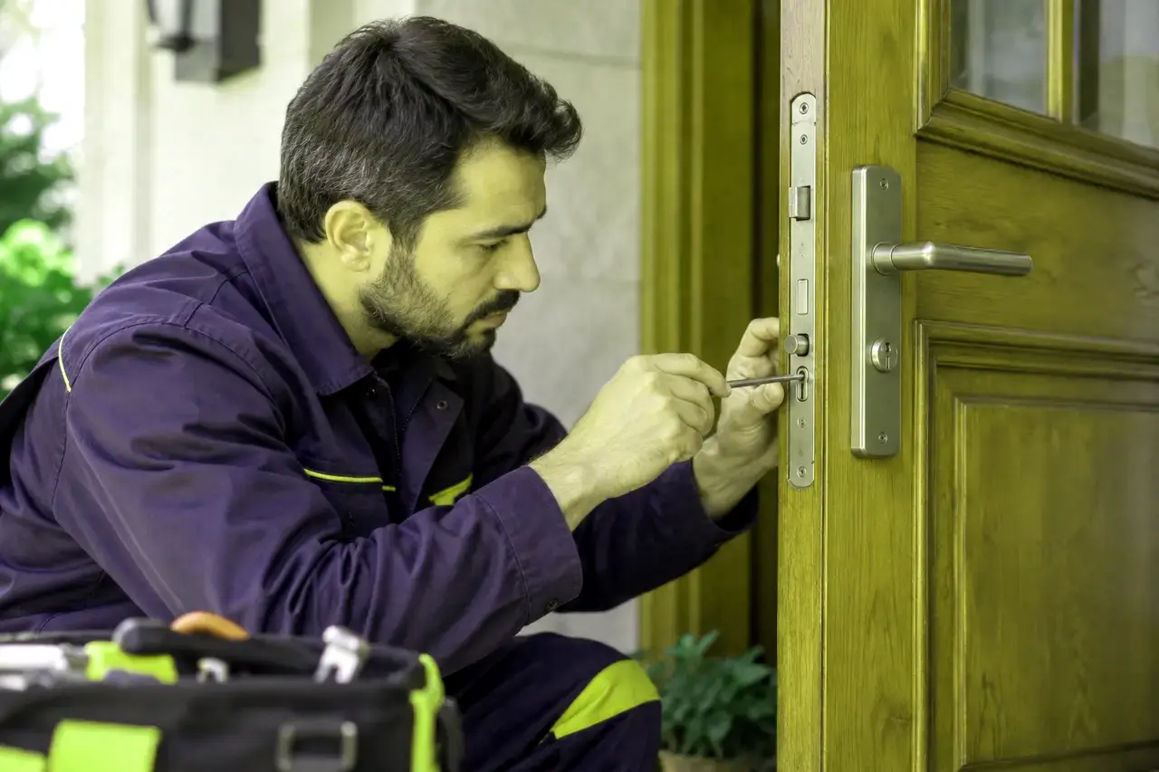 Ahşap kapının kilidini değerlendiren teknisyenin temsili görseli