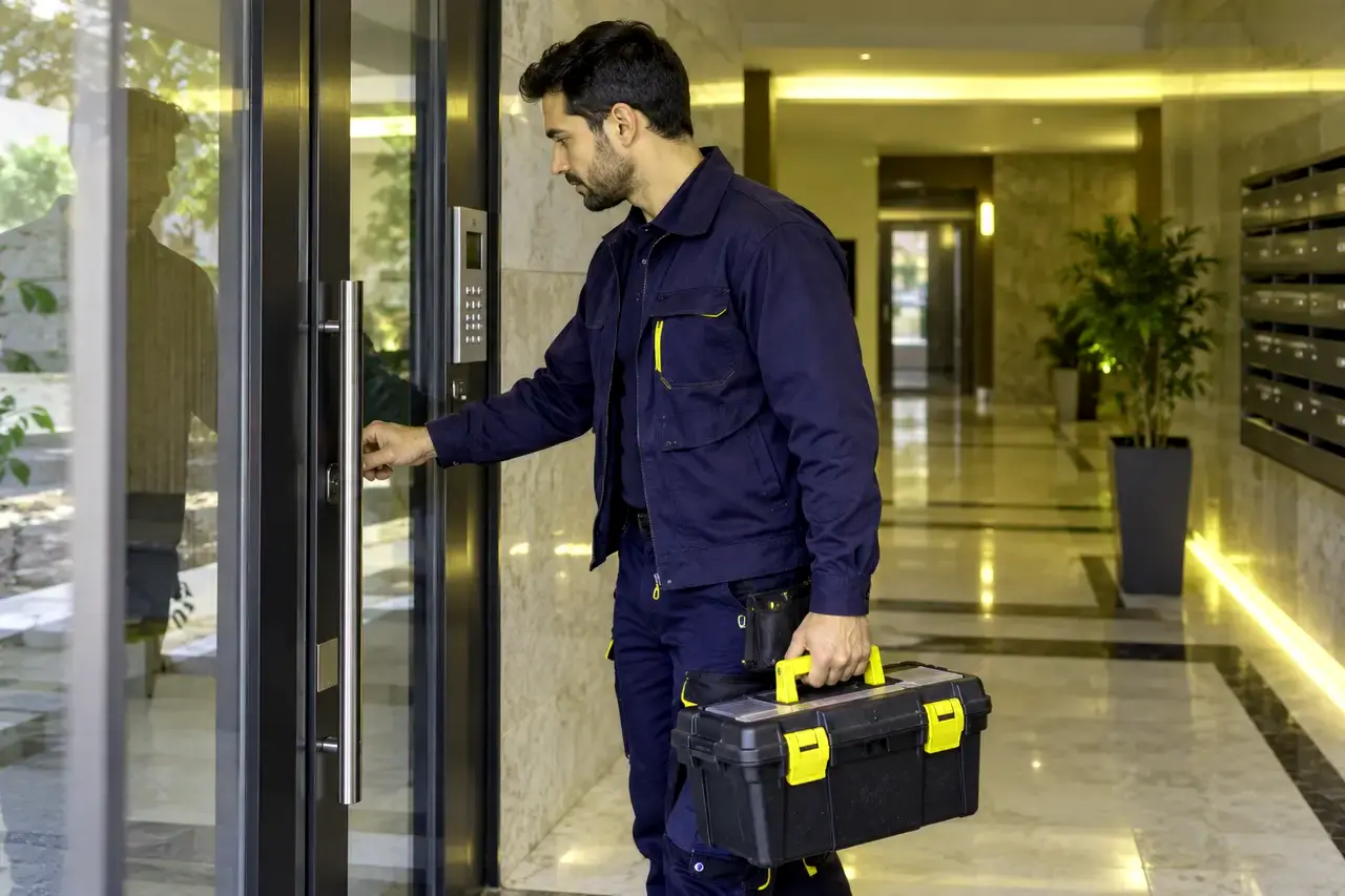 Apartman girişinde takım çantasıyla duran çilingirin temsili görseli